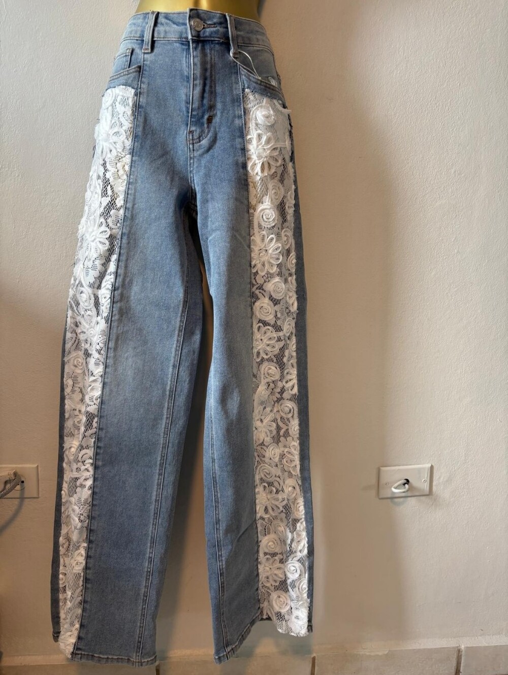 High-Waist Blue Denim Jeans with White Lace Side Panels